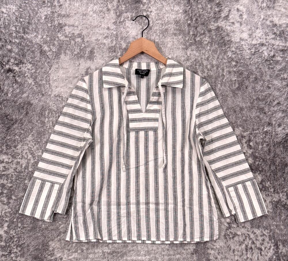 Creatures Of The Wind Top 4 Womens Striped Linen Blend 3/4 Sleeve Popover